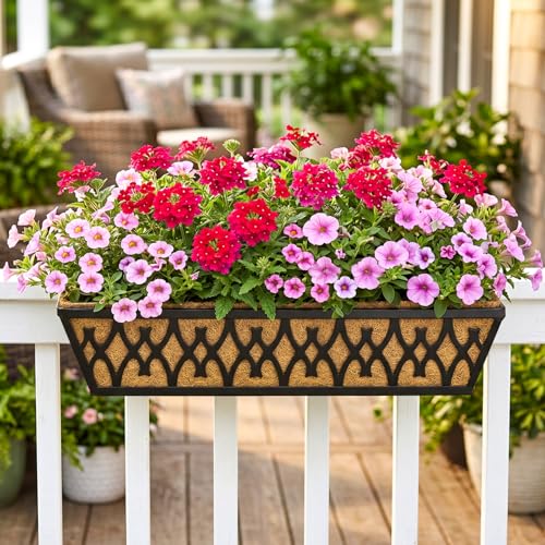 Karlliu 6 Pack 24 Inch Window Boxes Planters Railing Planter Box with Adjustable Brackets for Porch Fence Patio Balcony Hanging Flower Baskets with Coco Liners for Outdoor Garden Decor - Black - Image 2