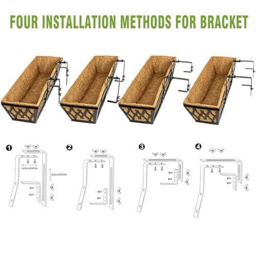 Karlliu 6 Pack 24 Inch Window Boxes Planters Railing Planter Box with Adjustable Brackets for Porch Fence Patio Balcony Hanging Flower Baskets with Coco Liners for Outdoor Garden Decor - Black - Image 5