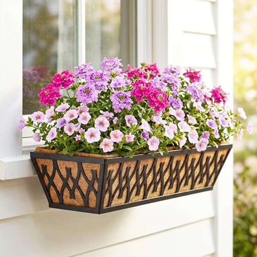 Karlliu 6 Pack 24 Inch Window Boxes Planters Railing Planter Box with Adjustable Brackets for Porch Fence Patio Balcony Hanging Flower Baskets with Coco Liners for Outdoor Garden Decor - Black - Image 4
