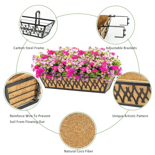 Karlliu 6 Pack 24 Inch Window Boxes Planters Railing Planter Box with Adjustable Brackets for Porch Fence Patio Balcony Hanging Flower Baskets with Coco Liners for Outdoor Garden Decor - Black - Image 3