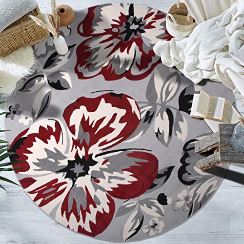 Rugshop Modern Red Floral Design Area Rug Elegant NonShedding 66 Round for Living Room Bedroom Dining Room Kitchen