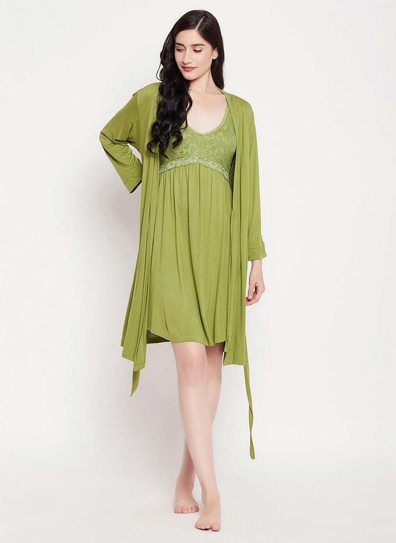 Clovia Chic Basic Robe in Green - Viscose - Image 1