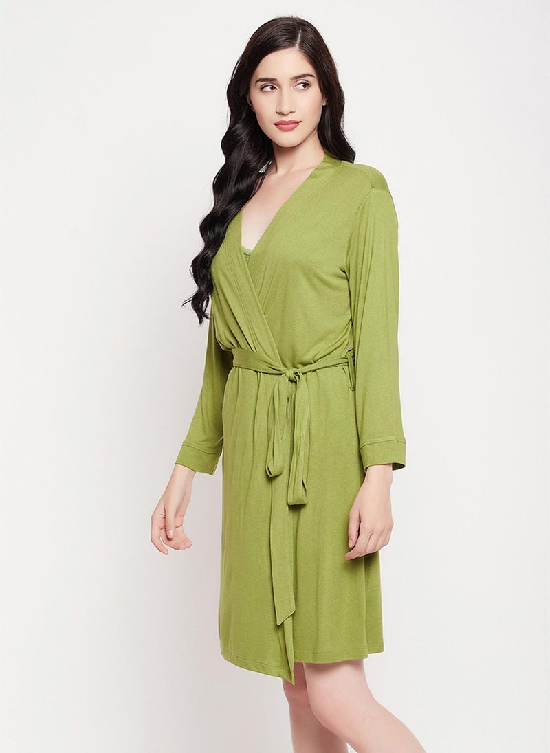 Clovia Chic Basic Robe in Green - Viscose - Image 4