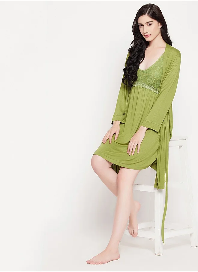 Clovia Clovia Chic Basic Robe in Green - Viscose