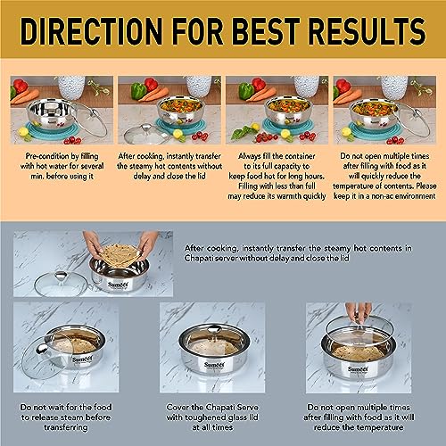 Sumeet Stainless Steel Casserole with Glass Lid Set of 2 | Includes Roti & Gravy Pots, 1000ml Each | Keeps Food Warm & Fresh | Ideal for Rotis, Chapati, and Sabzi | Dishwasher Safe - Image 3