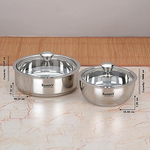 Sumeet Stainless Steel Casserole with Glass Lid Set of 2 | Includes Roti & Gravy Pots, 1000ml Each | Keeps Food Warm & Fresh | Ideal for Rotis, Chapati, and Sabzi | Dishwasher Safe - Image 4