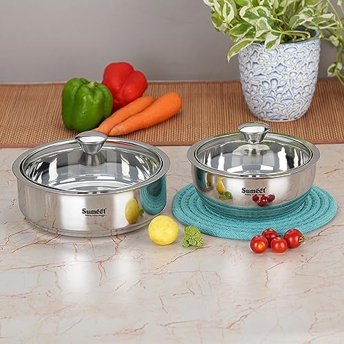 Sumeet Stainless Steel Casserole with Glass Lid Set of 2 | Includes Roti & Gravy Pots, 1000ml Each | Keeps Food Warm & Fresh | Ideal for Rotis, Chapati, and Sabzi | Dishwasher Safe - Image 1