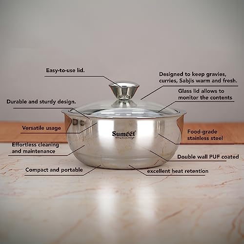 Sumeet Stainless Steel Casserole with Glass Lid Set of 2 | Includes Roti & Gravy Pots, 1000ml Each | Keeps Food Warm & Fresh | Ideal for Rotis, Chapati, and Sabzi | Dishwasher Safe - Image 2