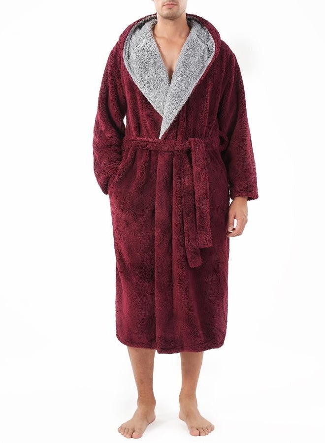DAVID ARCHY Men's Hooded Robe Soft Coral Fleece Microfiber Bathrobe, A5, Red- Shu Velveteen, L - Image 1