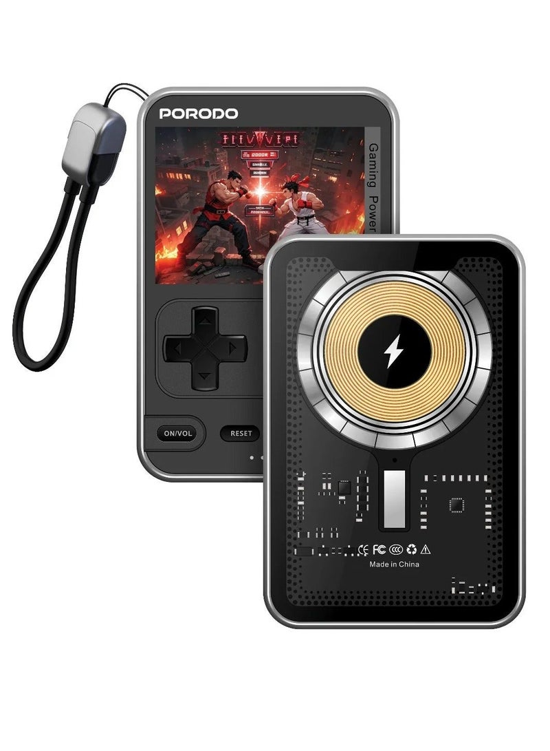 بورودو وحدة تحكم Arcadevolt مع لعبة كلاسيكية مدمجة +100 وبنك طاقة MagSafe 5000 مللي أمبير في الساعة / شاشة عالية الدقة 2.8 بوصة / بنك طاقة سريع PD 20 واط 5000 مللي أمبير في الساعة مدمج في الألعاب / شاحن لاسلكي / مع كابل Lanyard من النوع C - أسود - Image 1