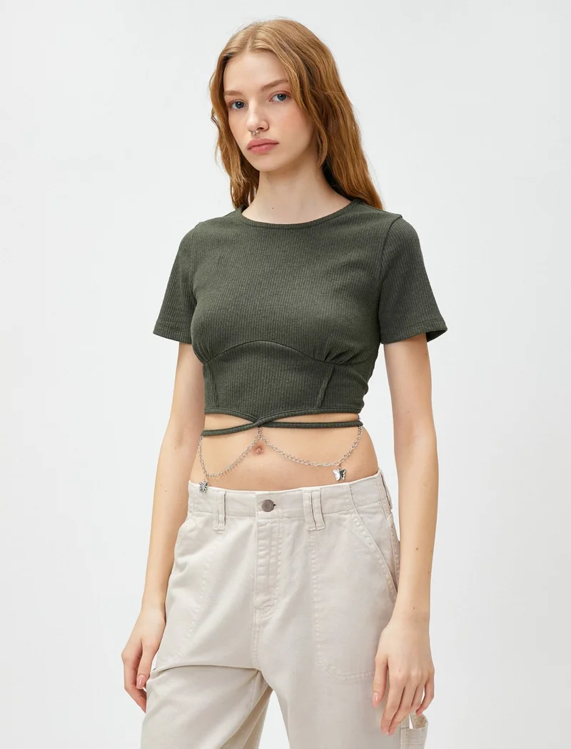 KOTON Crop T-Shirt Short Sleeve Butterfly Chain and Corset Detailed Ribbed