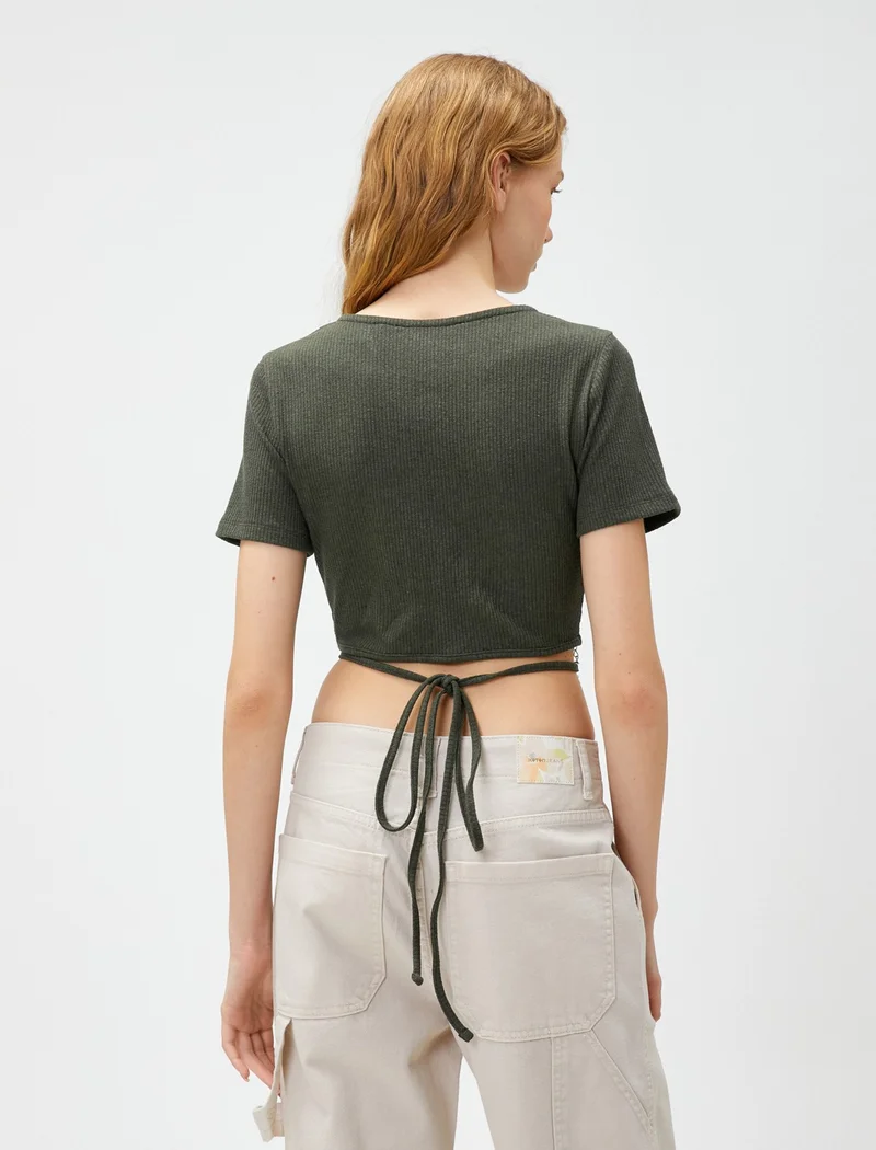 KOTON Crop T-Shirt Short Sleeve Butterfly Chain and Corset Detailed Ribbed