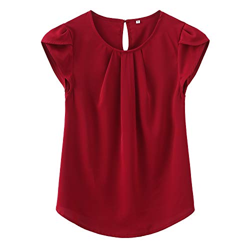 TASAMO Women's Casual Round Neck Basic Pleated Top Cap Sleeve Curved Keyhole Back Chiffon Blouse (Large, Wine red) - Image 1