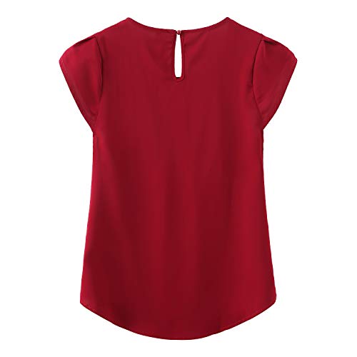 TASAMO Women's Casual Round Neck Basic Pleated Top Cap Sleeve Curved Keyhole Back Chiffon Blouse (Large, Wine red) - Image 2