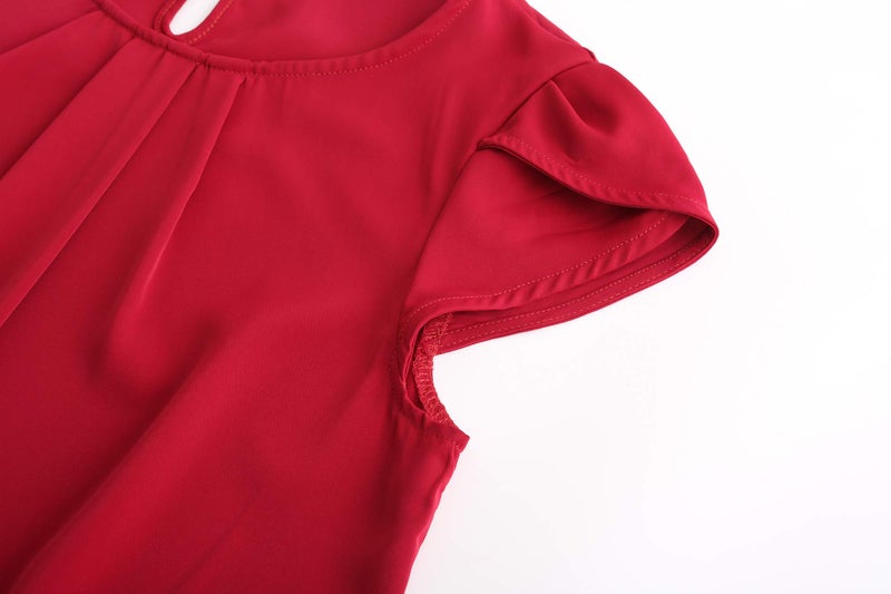 TASAMO Women's Casual Round Neck Basic Pleated Top Cap Sleeve Curved Keyhole Back Chiffon Blouse (Large, Wine red) - Image 4