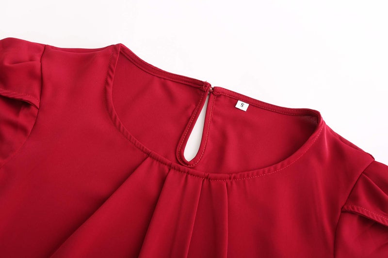 TASAMO Women's Casual Round Neck Basic Pleated Top Cap Sleeve Curved Keyhole Back Chiffon Blouse (Large, Wine red) - Image 3