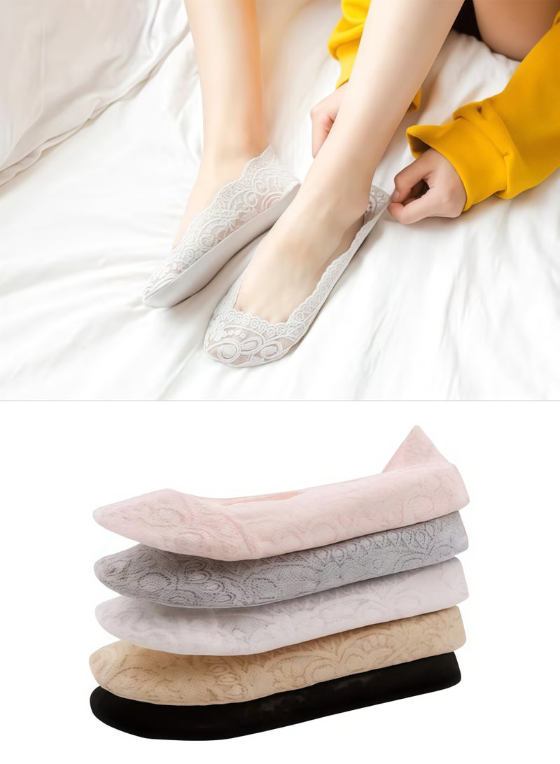 5 Pairs Women's Lace Casual No Show Non-skid Boat Socks - Image 1
