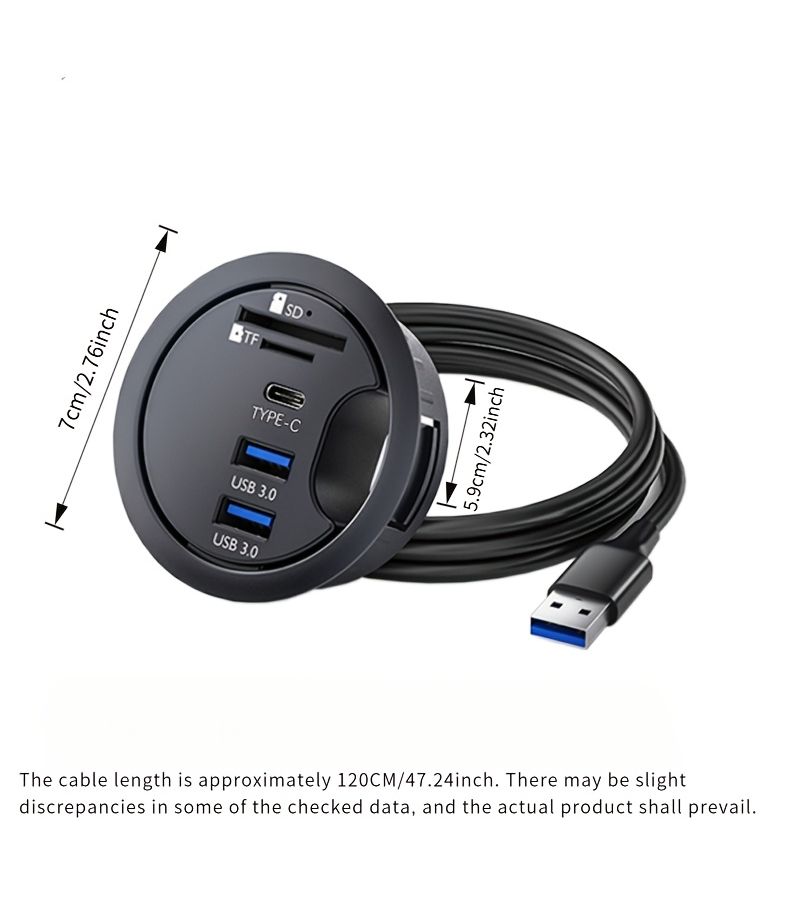 موزع USB 2.0 و USB 3.0 مع قارئ بطاقات، منظم مكتبي بتصميم دائري، متوافق مع USB A و USB C، يدعم قراءة بطاقات SD و TF، مخصص لأجهزة الكمبيوتر واللابتوب، مع فتحة بقطر 23.62 بوصة، قابل للتوصيل والتشغيل بدون حاجة إلى برامج تشغيل، سعة 2.3 أمبير. - Image 2