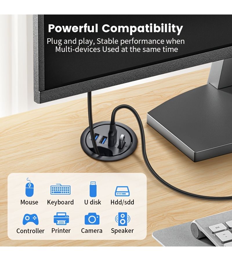 موزع USB 2.0 و USB 3.0 مع قارئ بطاقات، منظم مكتبي بتصميم دائري، متوافق مع USB A و USB C، يدعم قراءة بطاقات SD و TF، مخصص لأجهزة الكمبيوتر واللابتوب، مع فتحة بقطر 23.62 بوصة، قابل للتوصيل والتشغيل بدون حاجة إلى برامج تشغيل، سعة 2.3 أمبير. - Image 4