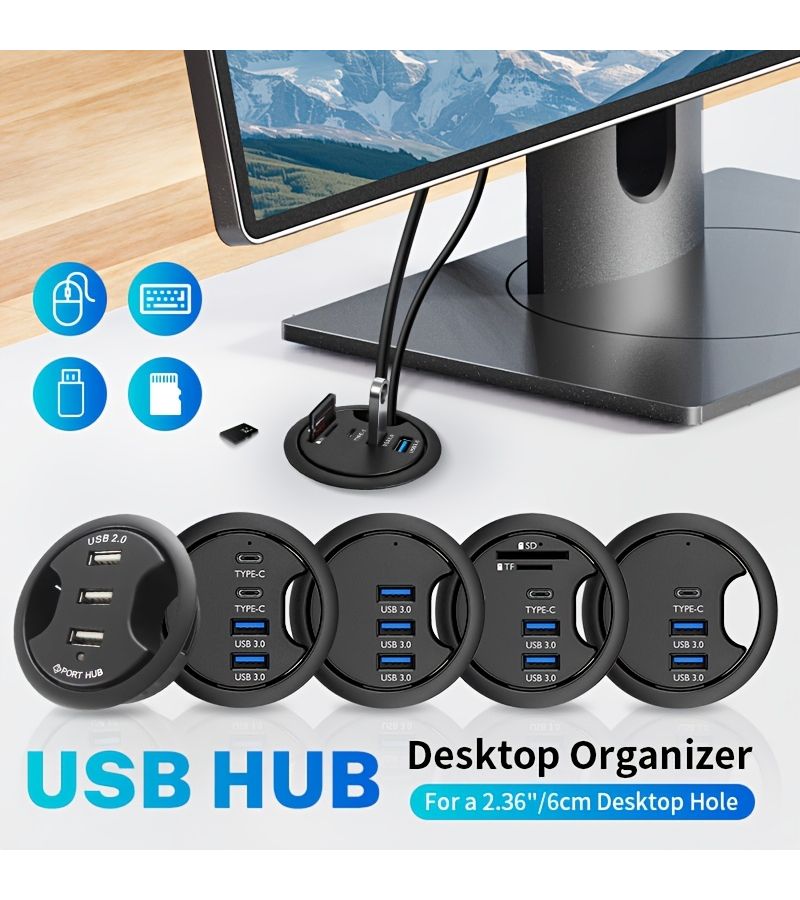 موزع USB 2.0 و USB 3.0 مع قارئ بطاقات، منظم مكتبي بتصميم دائري، متوافق مع USB A و USB C، يدعم قراءة بطاقات SD و TF، مخصص لأجهزة الكمبيوتر واللابتوب، مع فتحة بقطر 23.62 بوصة، قابل للتوصيل والتشغيل بدون حاجة إلى برامج تشغيل، سعة 2.3 أمبير. - Image 1