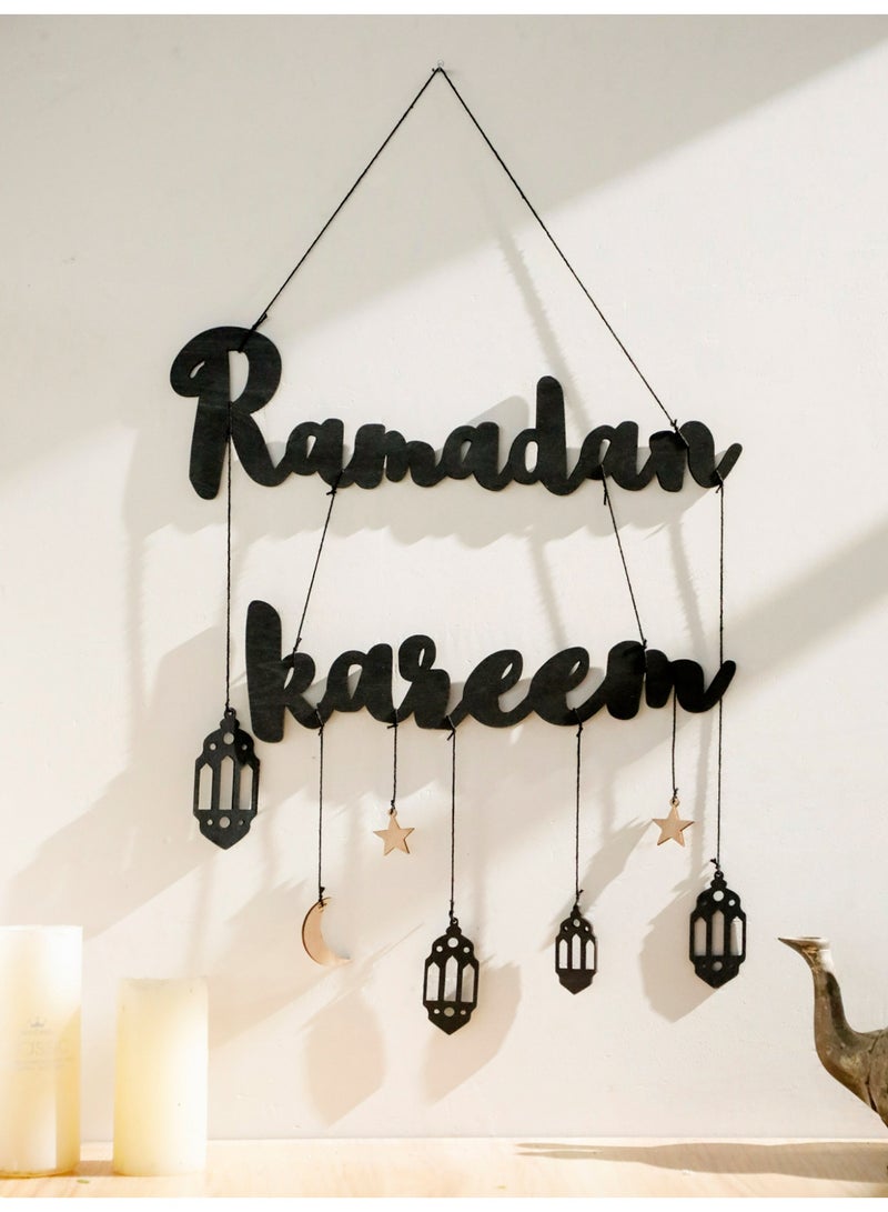 قطعة واحدة ديكور جداري خشبي رمضان كريم مع فوانيس وهلال ونجوم بطابع عربي ديكور منزلي إسلامي لغرفة المعيشة ومدخل المنزل وزينة رمضان والعيد - Image 1