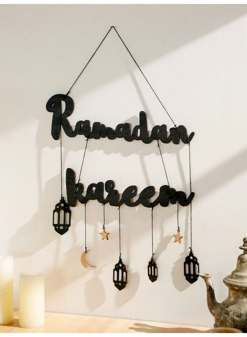 قطعة واحدة ديكور جداري خشبي رمضان كريم مع فوانيس وهلال ونجوم بطابع عربي ديكور منزلي إسلامي لغرفة المعيشة ومدخل المنزل وزينة رمضان والعيد - Image 2