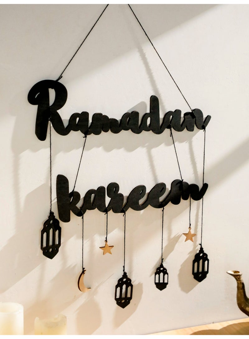 قطعة واحدة ديكور جداري خشبي رمضان كريم مع فوانيس وهلال ونجوم بطابع عربي ديكور منزلي إسلامي لغرفة المعيشة ومدخل المنزل وزينة رمضان والعيد - Image 3