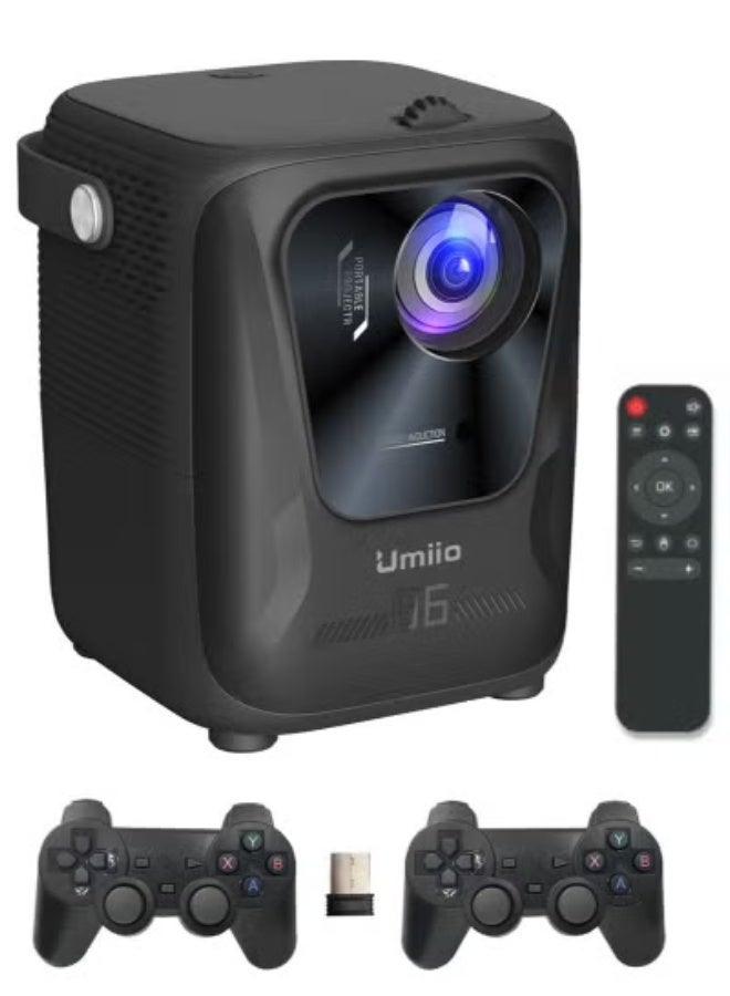 Umiio جهاز عرض ألعاب محمول بدقة 4K – جهاز عرض LED ذكي يعمل بنظام أندرويد مع WiFi وBluetooth، دعم HDMI/USB/SD، جهاز تحكم عن بعد و2 وحدة تحكم ألعاب لاسلكية – جهاز عرض مسرح منزلي وألعاب مدمج - Image 1