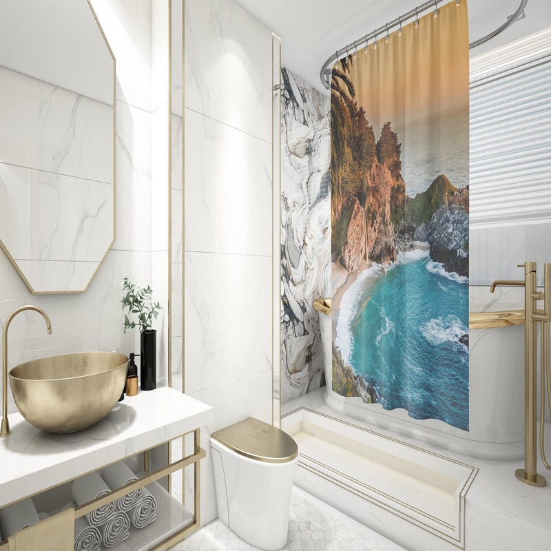 FING ستارة دش الحمام، ستارة حمام مع خطاف، ستارة دش مصممة للحمام، حوض الاستحمام، زينة ستائر الحمام الحديثة الزخرفية (تصميم_30) - Image 3