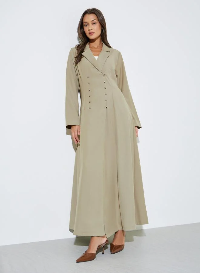 Khaki Solid Double Breasted Abaya with Button Fastening