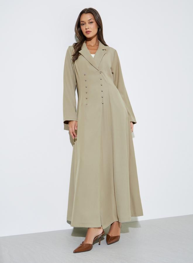 Amirah Khaki Solid Double Breasted Abaya with Button Fastening - Image 1