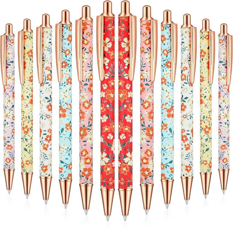 Glenmal 12 Pcs Flower Pens for Women Floral Ballpoints Pretty Fancy Pens Retro Floral Cute Ballpoints Black Ink Metal Retractable Writing Journaling Gifts for Office Supplies - Image 1