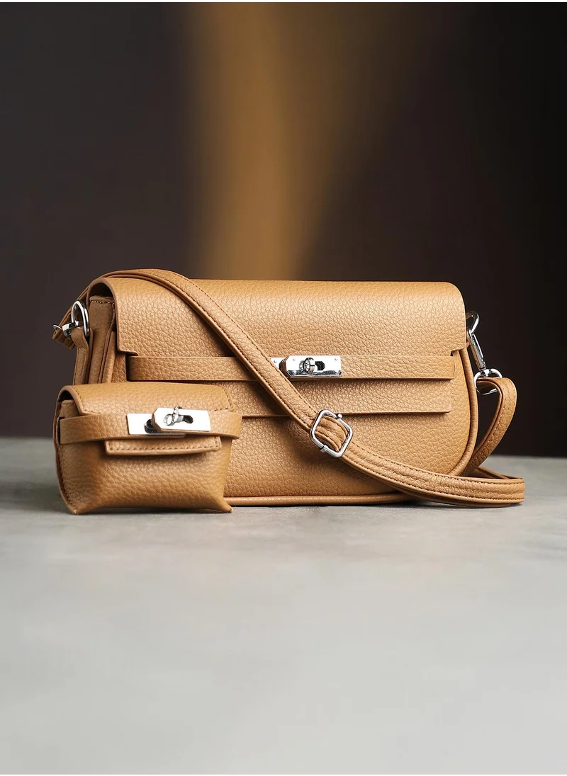 صوص هاوت Women's The Overlap-Curve Sling Bag With Pouch - Tan Brown