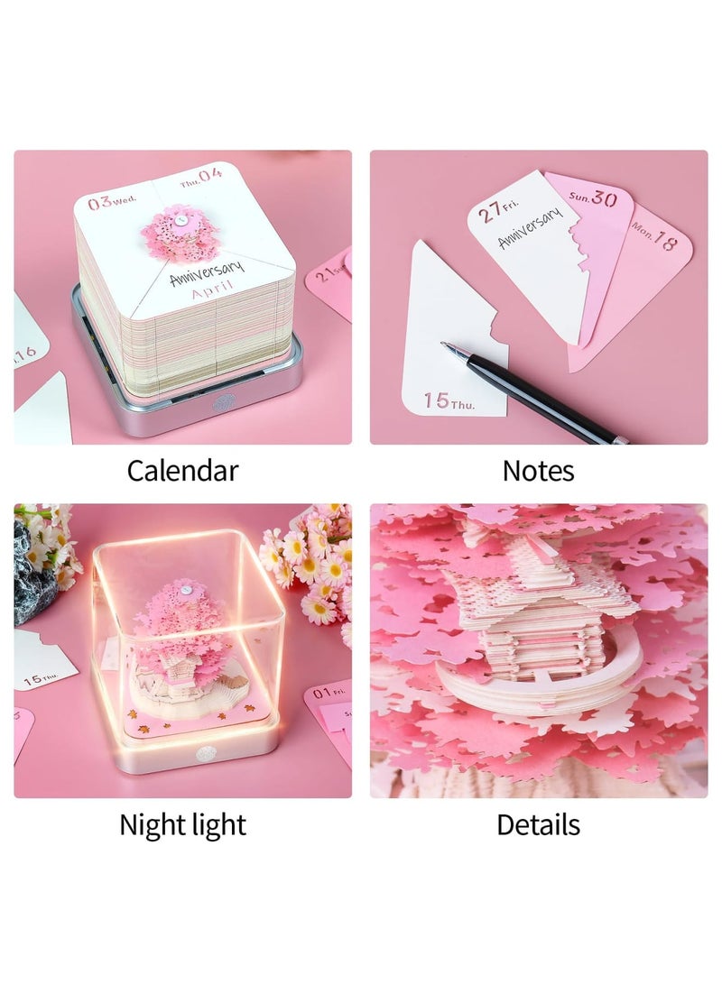 SYOSI 3D Memo Pads Paper Desk Calendar With Lights, 2024 Artist Desk Calendar Sakura Tree, Creative 3D Paper Sculpture Model Notepad, Carving Gift Desktop Decoration, Creative Gift(Sakura Tree-Pink) - Image 2
