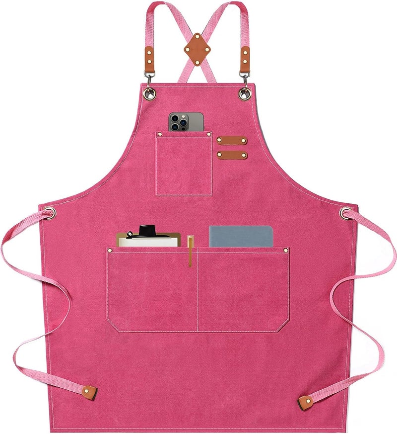 AFUN Chef Aprons for Men Women with Large Pockets, 16oz Cotton Canvas Cross Back Heavy Duty Work Apron (Pink) - Image 1