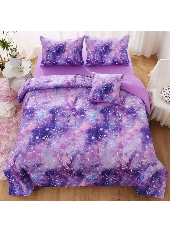 JQinHome Full Gradient Galaxy Comforter Set for Girls, 6 Piece Bed in A Bag 3D Colorful Tie Dye Constellation Print Ombre Bedding Set with Pillowcase, Flat & Fitted Sheet, Cushion Cover (Purple) - Image 3