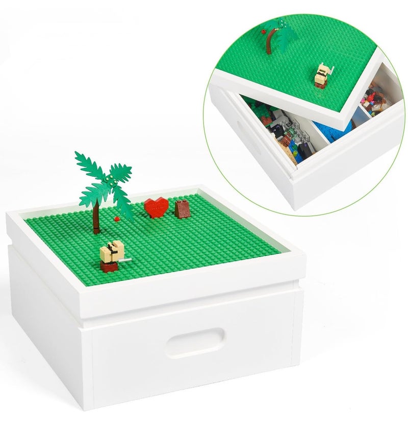 UTEX Buildable Cubby Storage with Building Baseplate Lid for Lego, Wooden Building Blocks Organizer with 3 compartments, Bricks Storage Bins Compatible with Lego and Duplo Bricks, White - Image 1