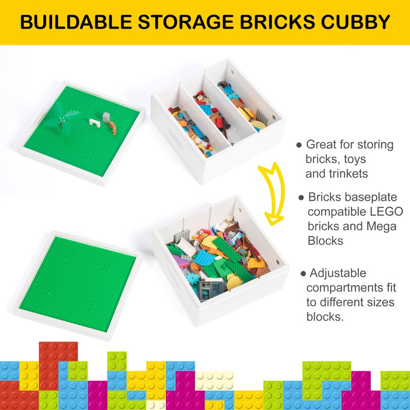 UTEX Buildable Cubby Storage with Building Baseplate Lid for Lego, Wooden Building Blocks Organizer with 3 compartments, Bricks Storage Bins Compatible with Lego and Duplo Bricks, White - Image 2
