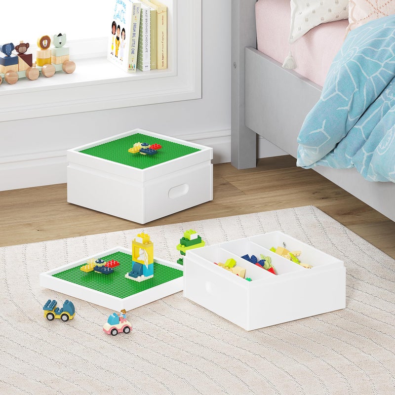 UTEX Buildable Cubby Storage with Building Baseplate Lid for Lego, Wooden Building Blocks Organizer with 3 compartments, Bricks Storage Bins Compatible with Lego and Duplo Bricks, White - Image 3
