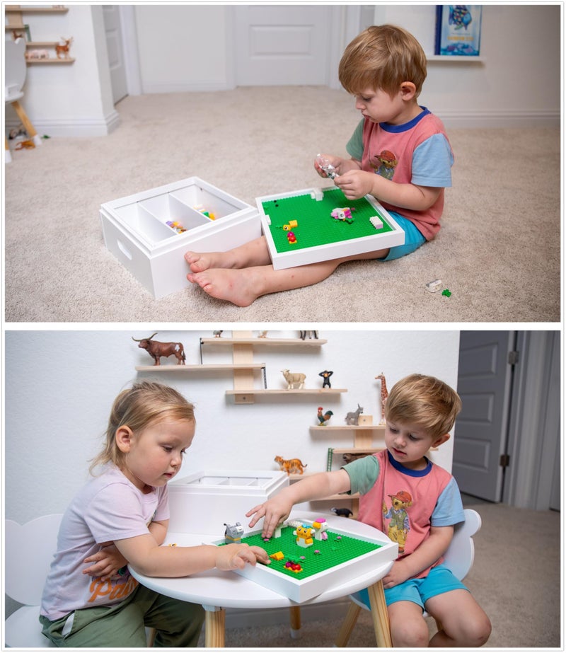 UTEX Buildable Cubby Storage with Building Baseplate Lid for Lego, Wooden Building Blocks Organizer with 3 compartments, Bricks Storage Bins Compatible with Lego and Duplo Bricks, White - Image 4