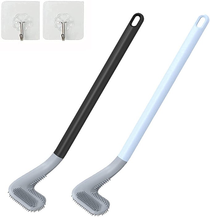 LONG HANDLE TOILET BRUSH GOLF BRUSH HEAD TOILET CLEANER BRUSH 360 FLEXIBLE SILICONE TOILET BOWL BRUSH WALL MOUNTED WITHOUT DRILLING QUICK DRYING WITH WALL HOOKS MULTICOLOR PACK OF 2