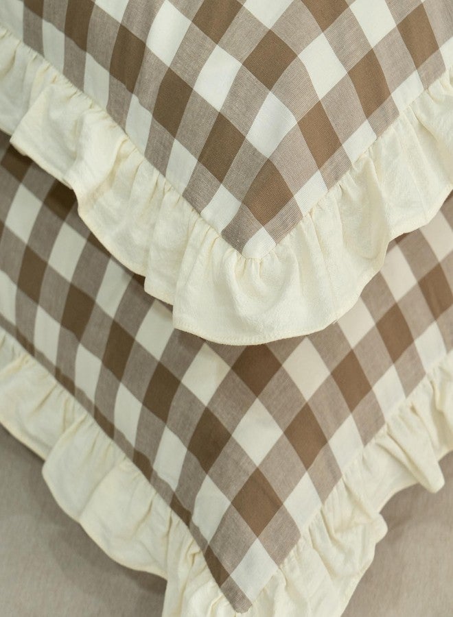 GLORY SEASON طقم أغطية وسائد "موسم المجد" مكون من قطعتين، مصنوع من القطن الخالص المصبوغ بالغزل، بتصميم كلاسيكي مزين بكشكشة وحواف بنية مربعة، مناسب لتزيين غرف النوم، مقاس قياسي 20 × 26 بوصة. - Image 4