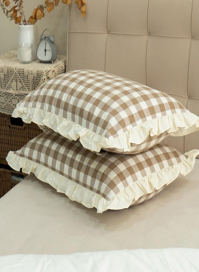 GLORY SEASON طقم أغطية وسائد "موسم المجد" مكون من قطعتين، مصنوع من القطن الخالص المصبوغ بالغزل، بتصميم كلاسيكي مزين بكشكشة وحواف بنية مربعة، مناسب لتزيين غرف النوم، مقاس قياسي 20 × 26 بوصة. - Image 3