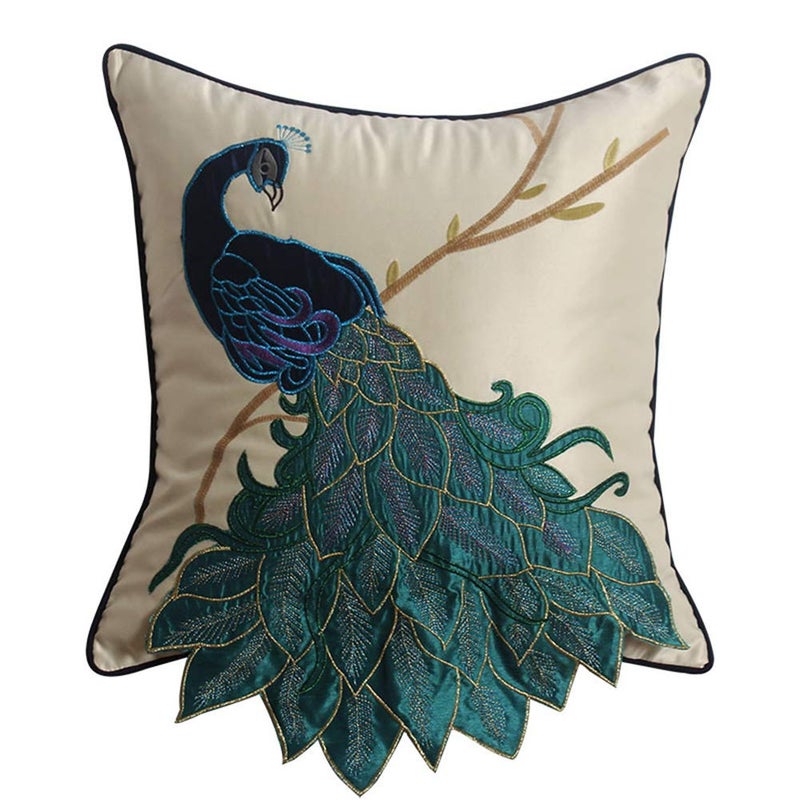 vctops Embroidered Peacock Decorative Throw Pillow Case Silky Satin Cushion Cover Peacock 1 18X18