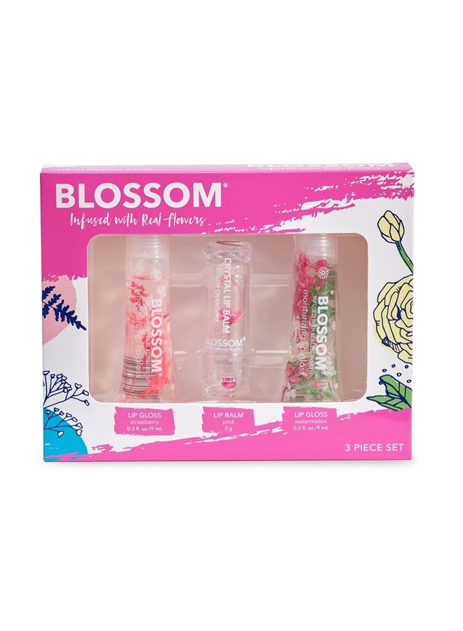 Blossom Scented Moisturizing Lip Gloss Tubes + Custom Color Change Crystal Lip Balm, Infused with Real Flowers, 0.9 fl. oz/27ml, 3 pack, Strawberry/Pink/Watermelon