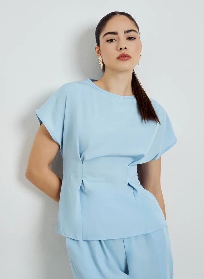 Styli Blue Pleated Waist Top and Trousers Co-Ords