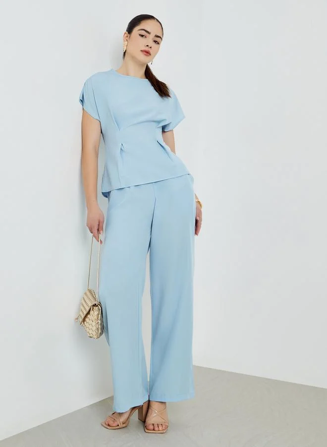 Styli Blue Pleated Waist Top and Trousers Co-Ords