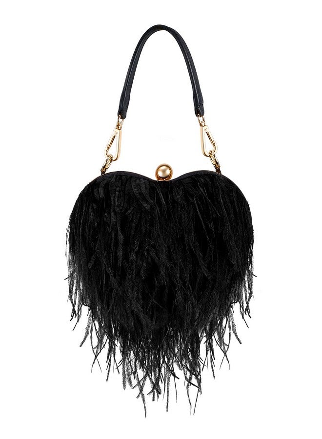Fabbay Women Ostrich Feather Tote Bag Heart Shaped Fluffy Purse Clutch Feather Purse Feather Evening Handbag For Wedding Party(Black) - Image 1