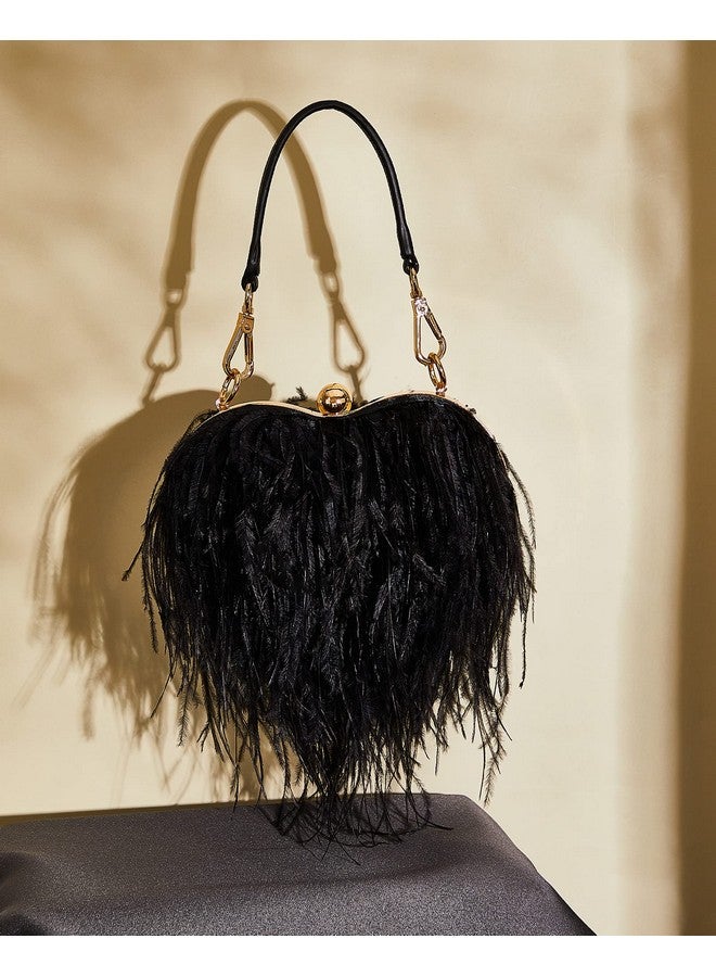 Fabbay Women Ostrich Feather Tote Bag Heart Shaped Fluffy Purse Clutch Feather Purse Feather Evening Handbag For Wedding Party(Black) - Image 3