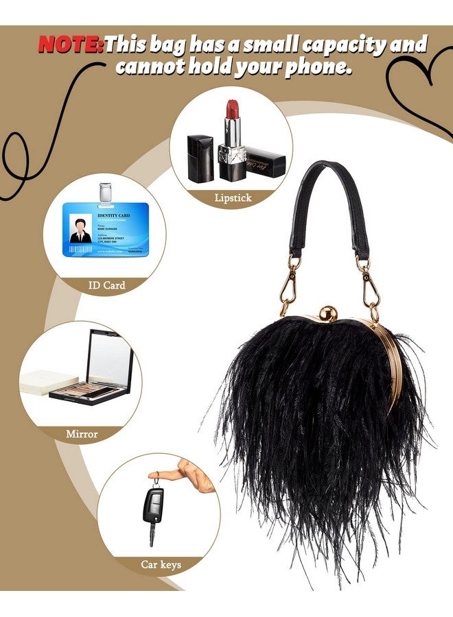 Fabbay Women Ostrich Feather Tote Bag Heart Shaped Fluffy Purse Clutch Feather Purse Feather Evening Handbag For Wedding Party(Black) - Image 4